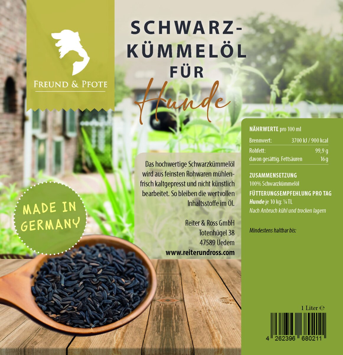 Freund & Pfote Schwarzkümmelöl für Hunde in 1L Dosierflasche