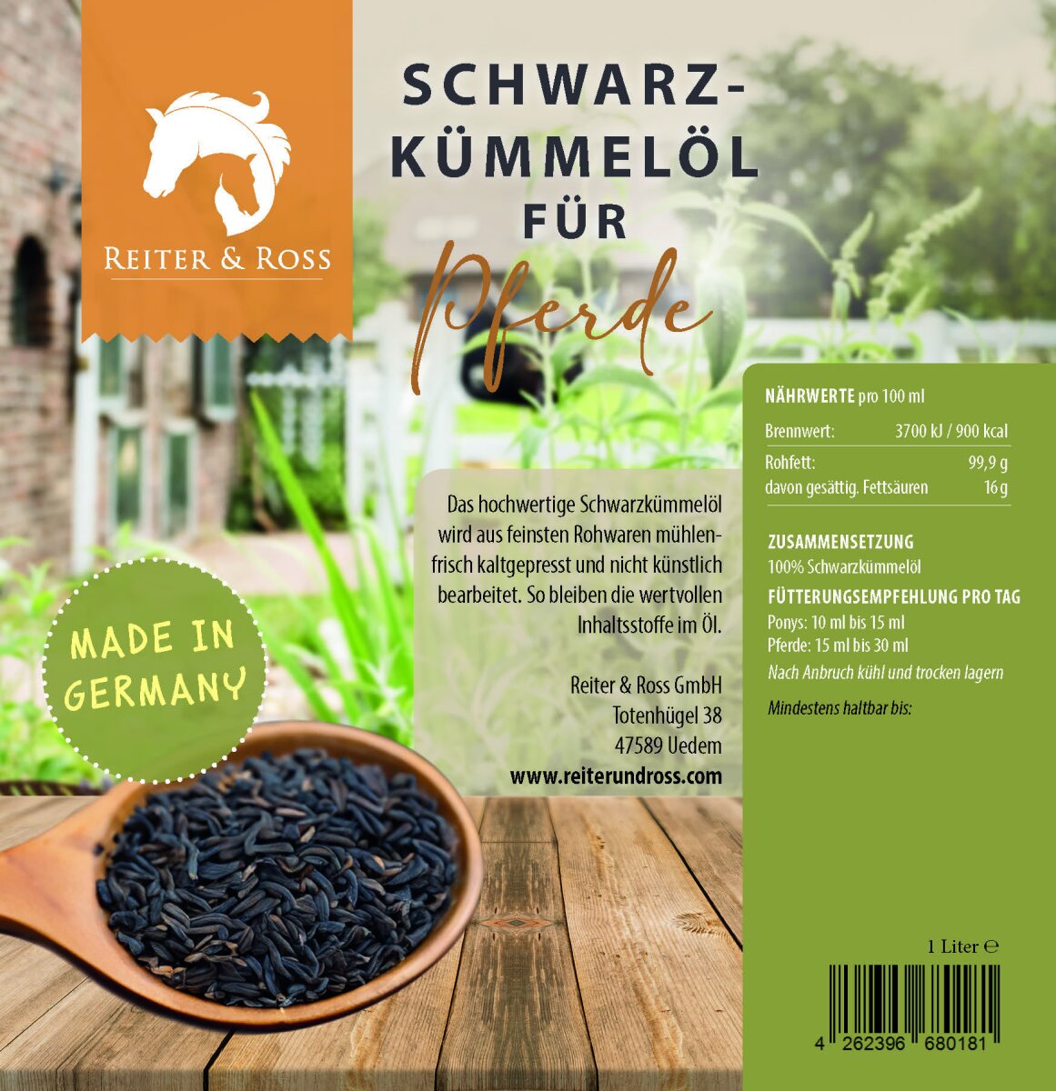Reiter & Ross Schwarzkümmelöl für Pferde in 1L Metalldose